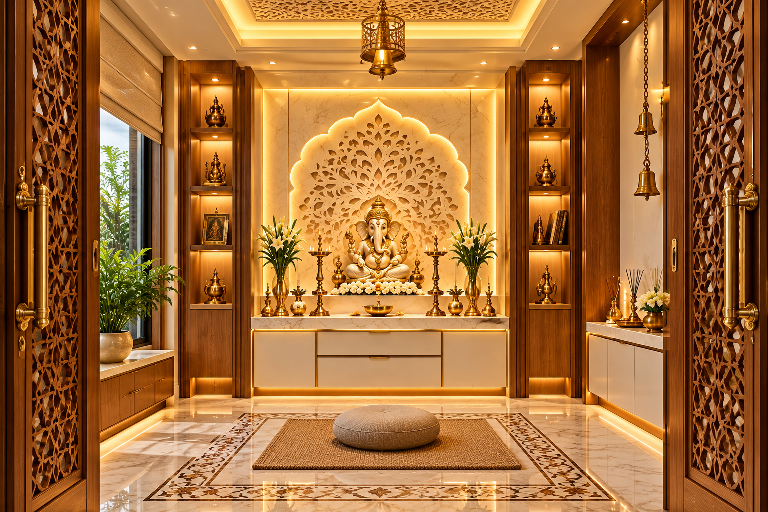 Dedicated luxury puja room with carved wooden doors, marble mandir, brass lamps, warm architectural lighting and traditional Indian detailing