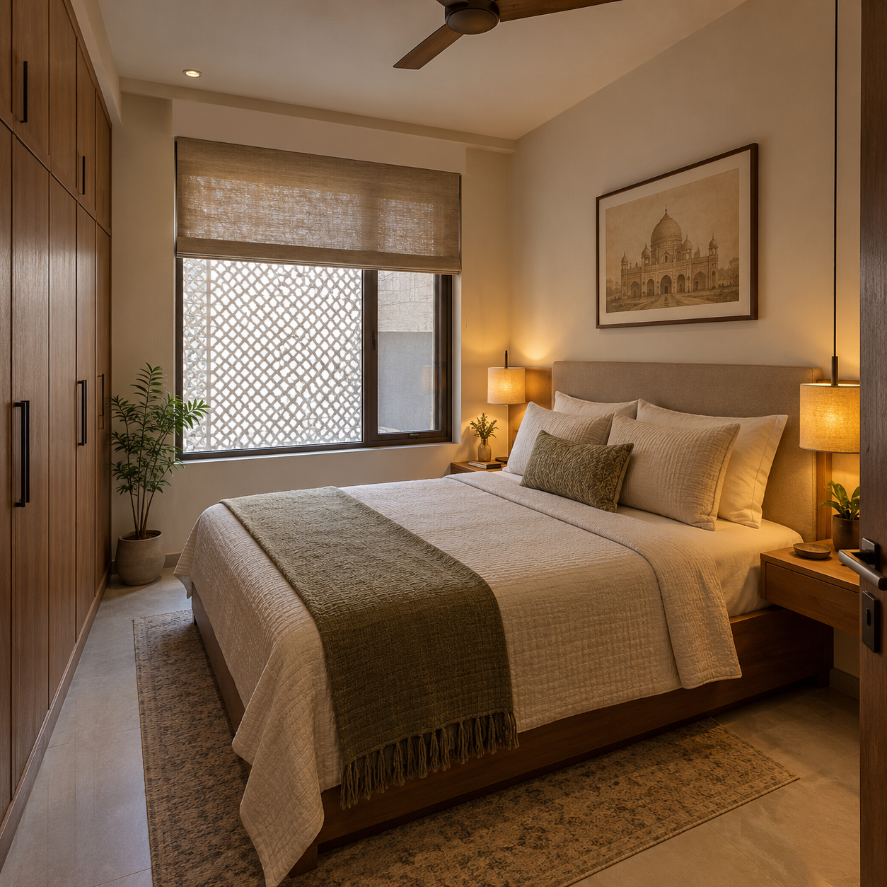 A neatly made bedroom with a large bed, beige headboard, and multiple pillows. Two bedside tables with lamps, a framed photo of the Taj Mahal on the wall, a potted plant on the left, and a large window with a beige roller shade and a lattice design outside.