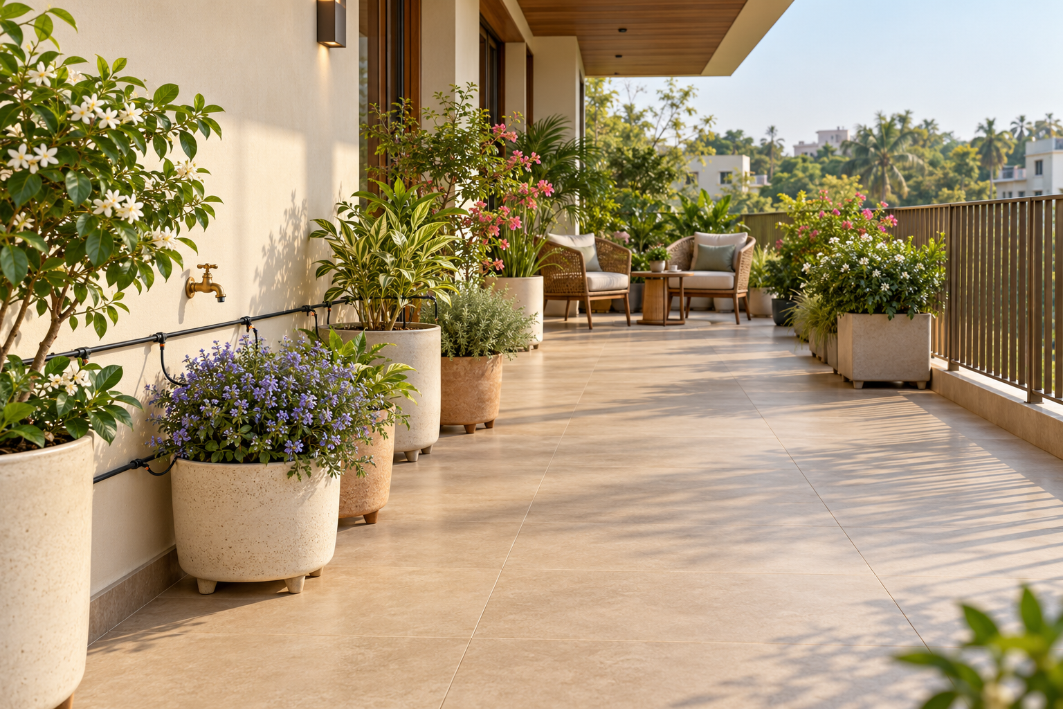 Terrace with raised ceramic planters, flowering greenery, wall-side irrigation tubing and an open central walking route.