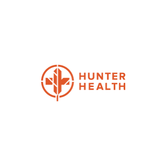 Hunter Health logo in orange featuring a stylized leaf and cross inside a circle