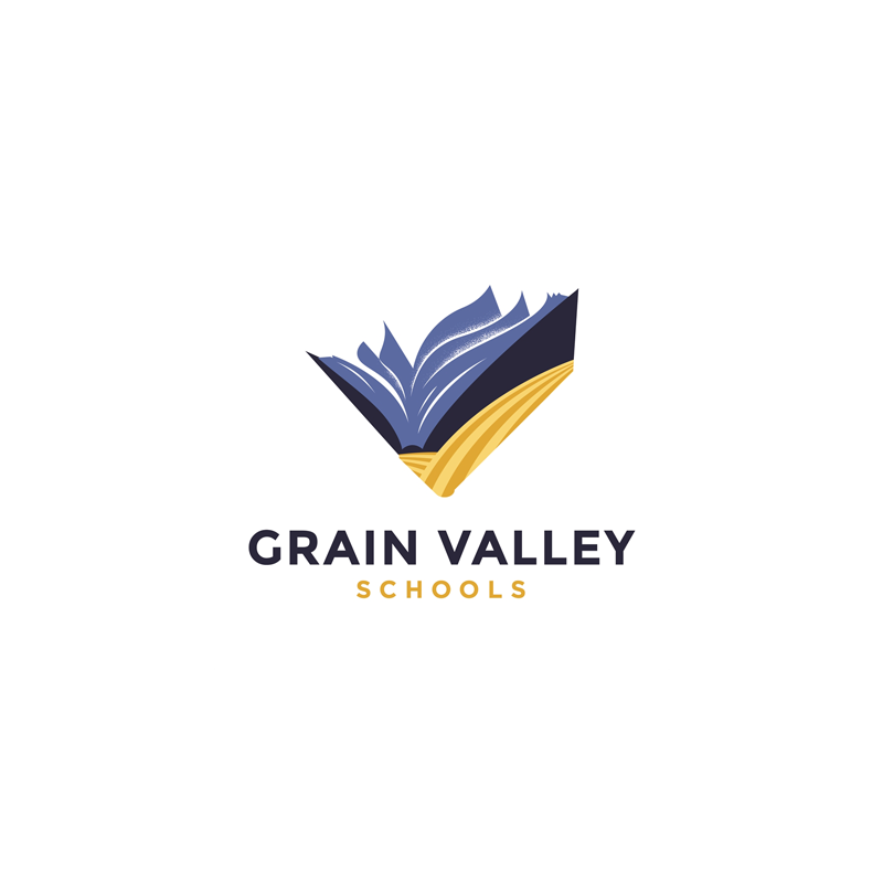 Grain Valley Schools logo featuring a stylized open book in blue and gold