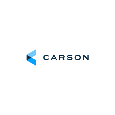 Carson logo with blue geometric icon and dark blue text on a black background