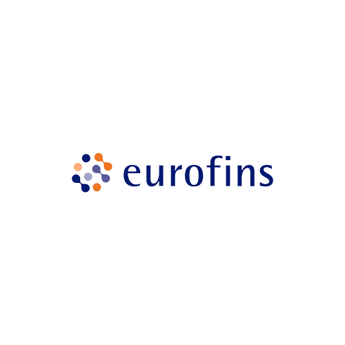 Eurofins logo with multicolored circular emblem and blue lowercase text on a black background