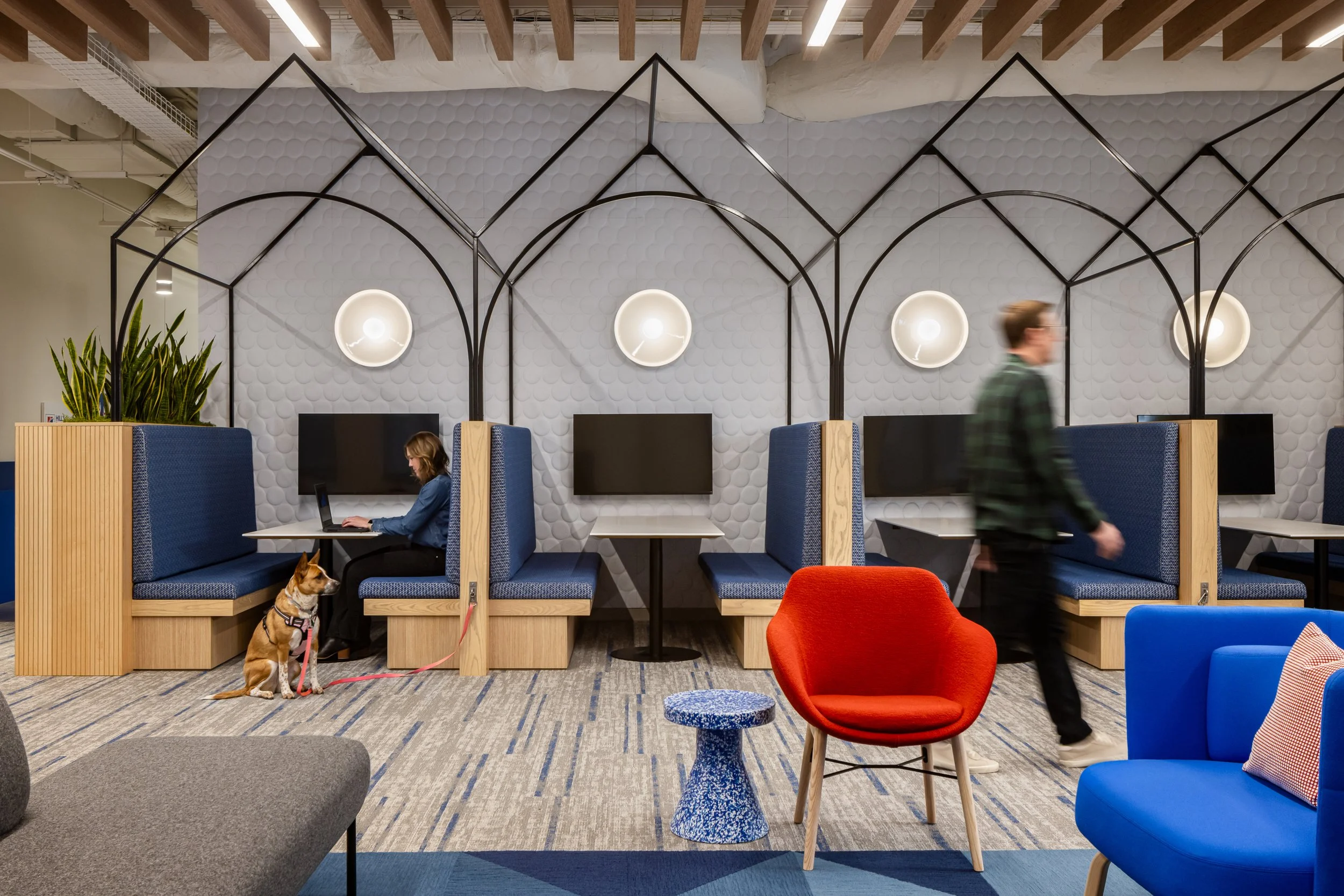 Modern office lounge with private blue seating booths, a person working on a laptop, a dog, and colorful contemporary furniture