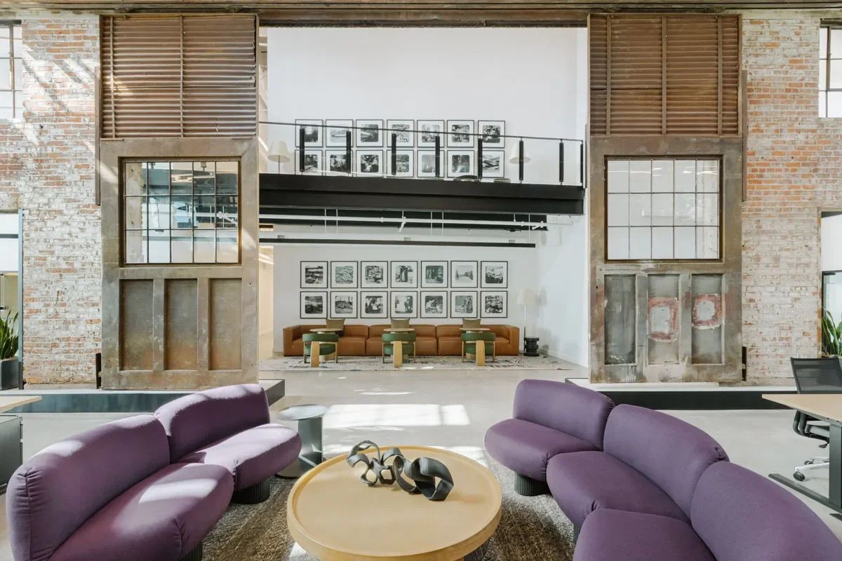 Purple circular seating in large open work space