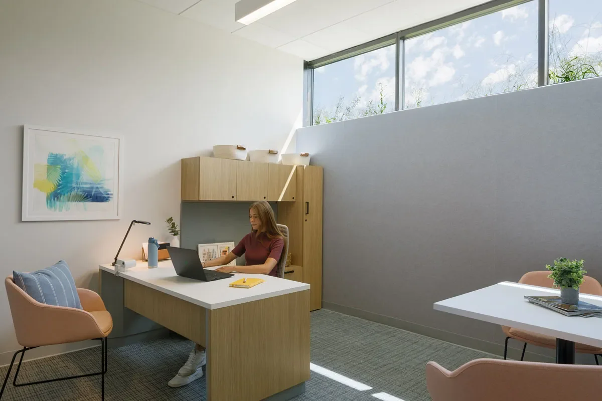 Women using laptop at desk in office