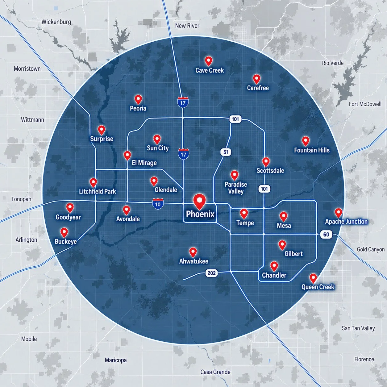Map of Phoenix, Arizona showing neighborhoods marked with red location pins, including Cave Creek, Carefree, Fountain Hills, Scottsdale, Paradise Valley, Tempe, Mesa, Gilbert, Chandler, Queen Creek, Ahwatukee, Buckeye, Goodyear, Avondale, Litchfield Park, Surprise, Peoria, Sun City, Glendale, El Mirage, and other surrounding areas.