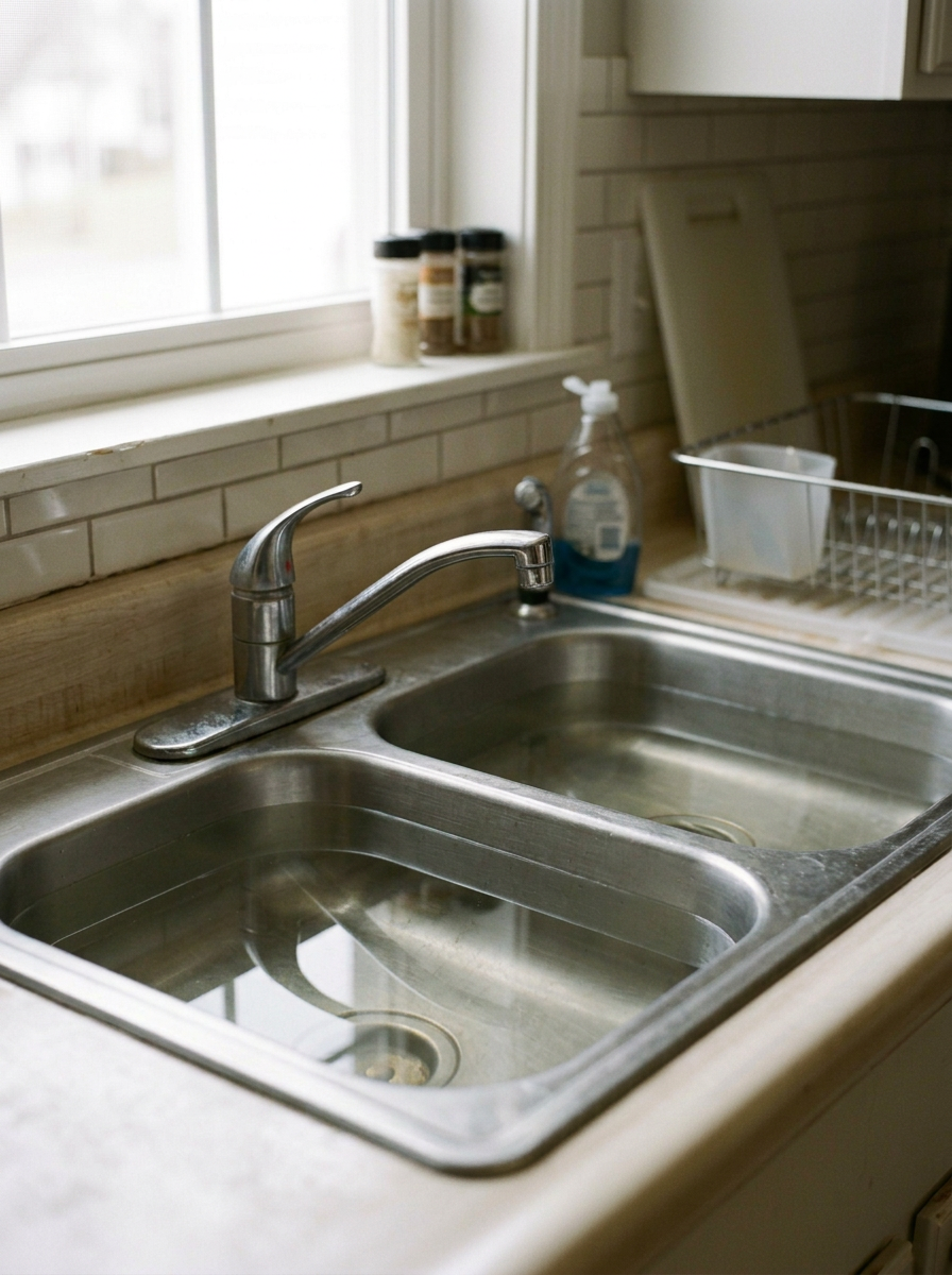 A stainless steel kitchen sink with a dual-basin design, a chrome faucet, a window above, a bottle of dish soap, and spice jars on the windowsill.