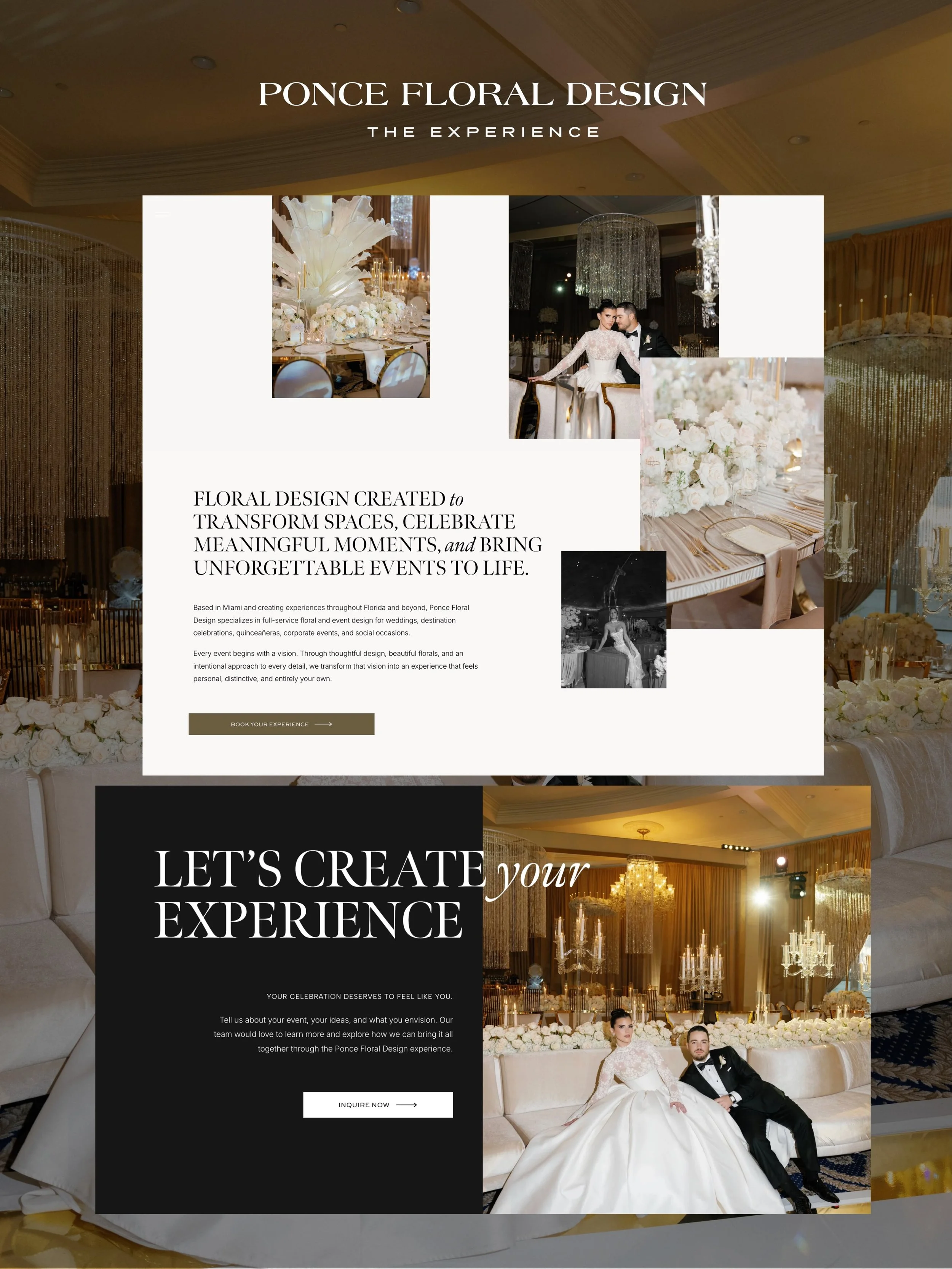 A New Era of Ponce Floral Design. ✨

We&rsquo;re unveiling the new face of our website, an elevated expression of our artistry, our signature style, and the unforgettable celebrations we create.

Ponce Floral Design &bull; The Experience

09 | 18 
10