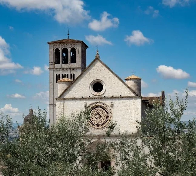 Basilica of Saint Francis in Assisi above olive trees.