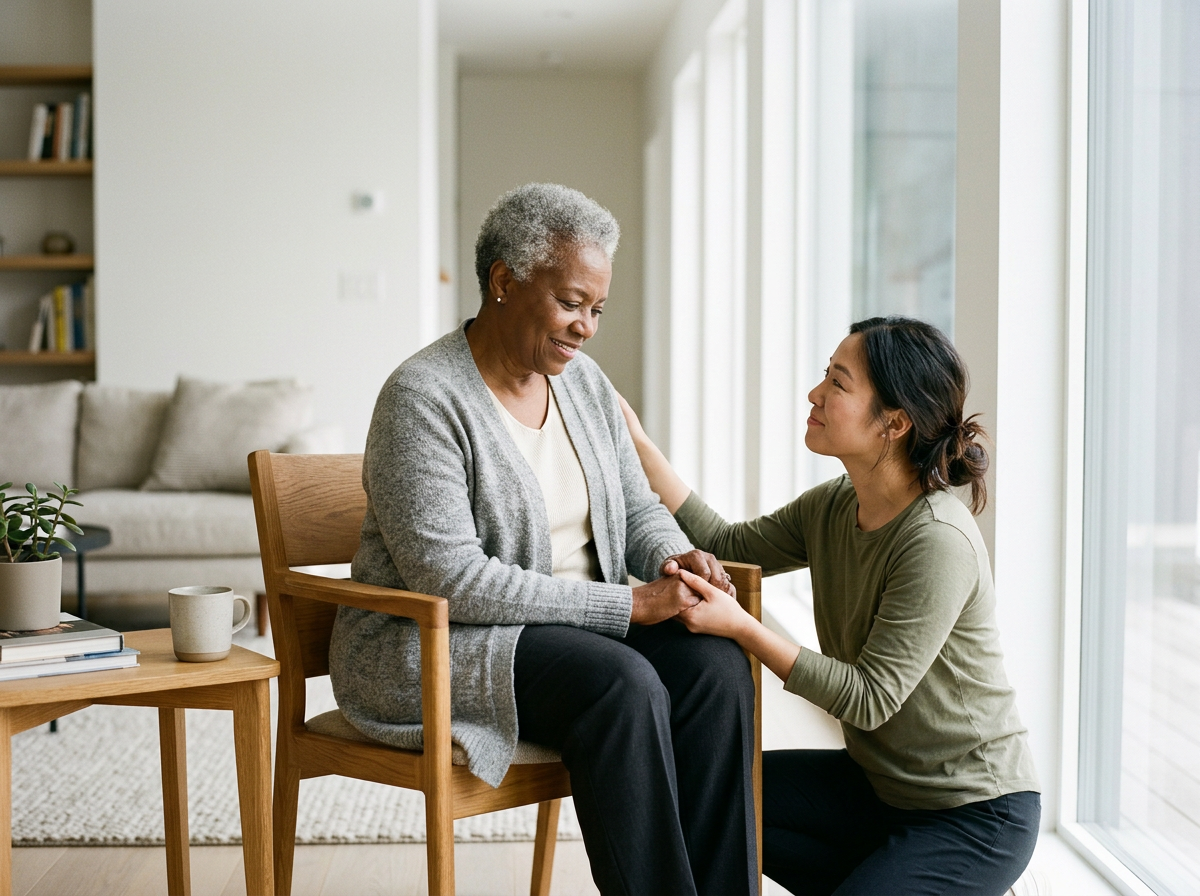Companion visiting with senior client at home.