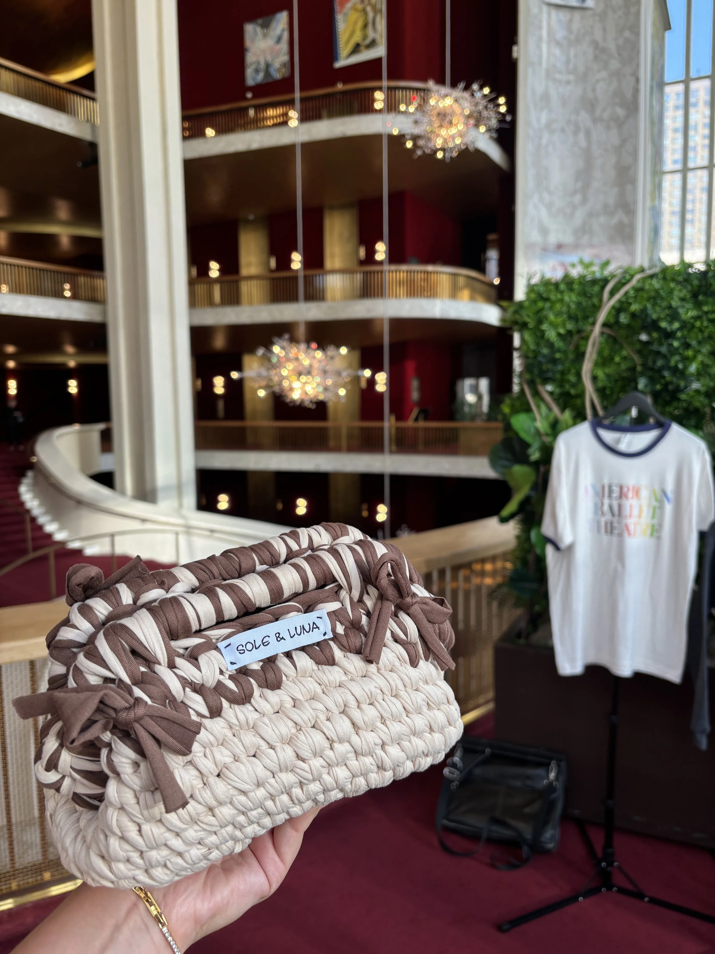 Hand holding a woven beige and brown handbag with a label that reads 'SOLE & LUNA' inside a hotel lobby with red carpet, art on the walls, a stairway, plants, clothing on a rack, and chandeliers overhead.