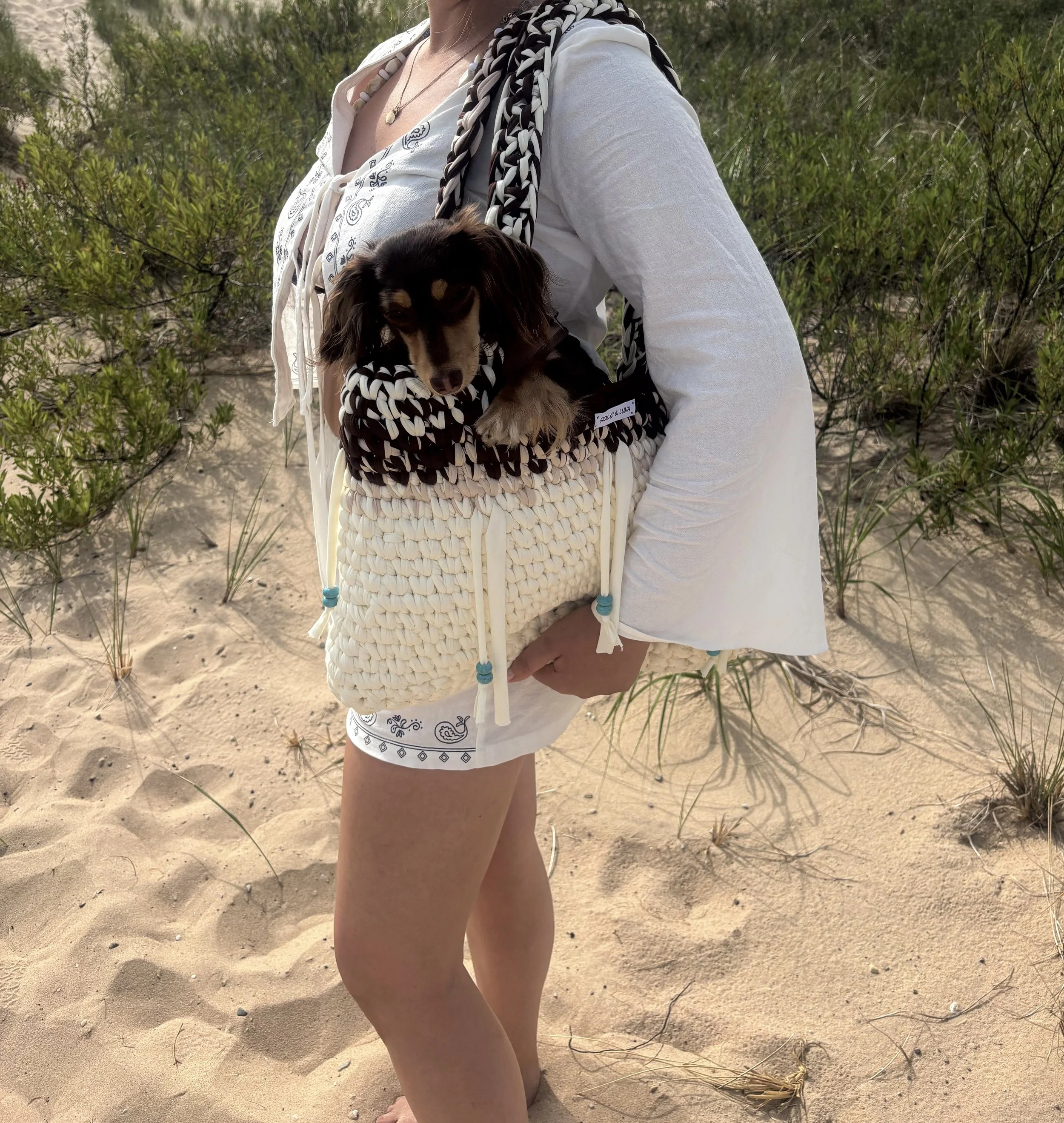 Person holding a small black and tan dachshund dog in a woven bag on a sandy beach with green bushes in the background.