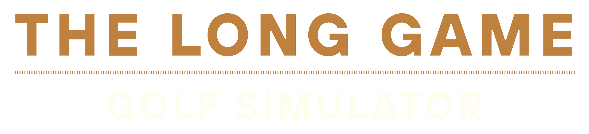 Logo for the Long Game Golf Simulator with black background, large copper-colored text, and white text for 'Golf Simulator'.