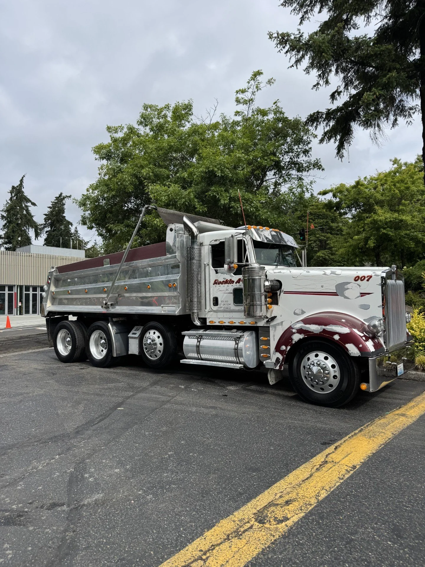 A shiny silver semi-truck parked on a street under cloudy skies, with green trees and a building in the background.