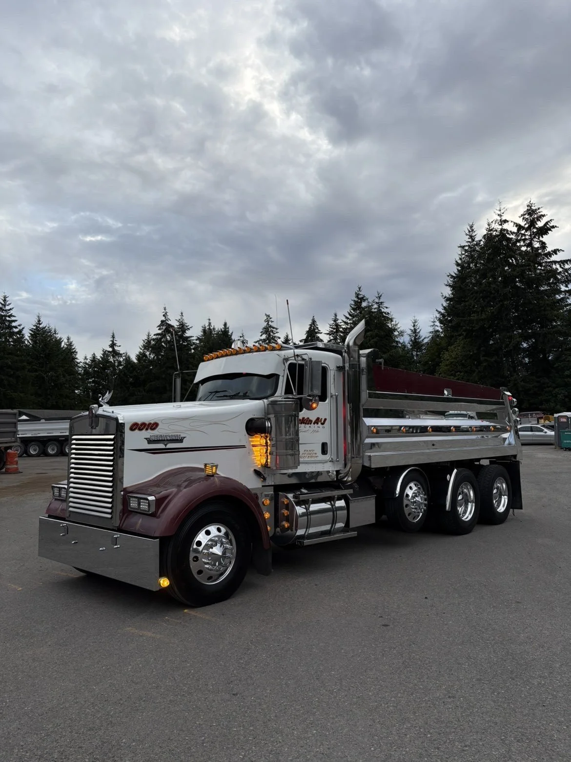A large dump truck parked in a lot with green trees and cloudy sky in the background.