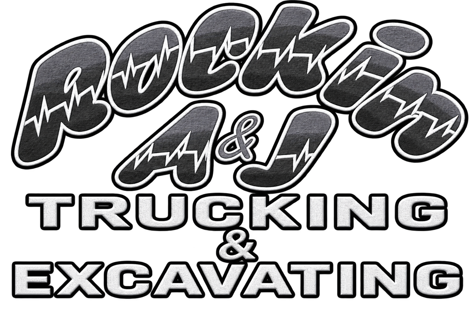 Neon-style logo for Rockin A&J Trucking & Excavating with text and a heartbeat line design.