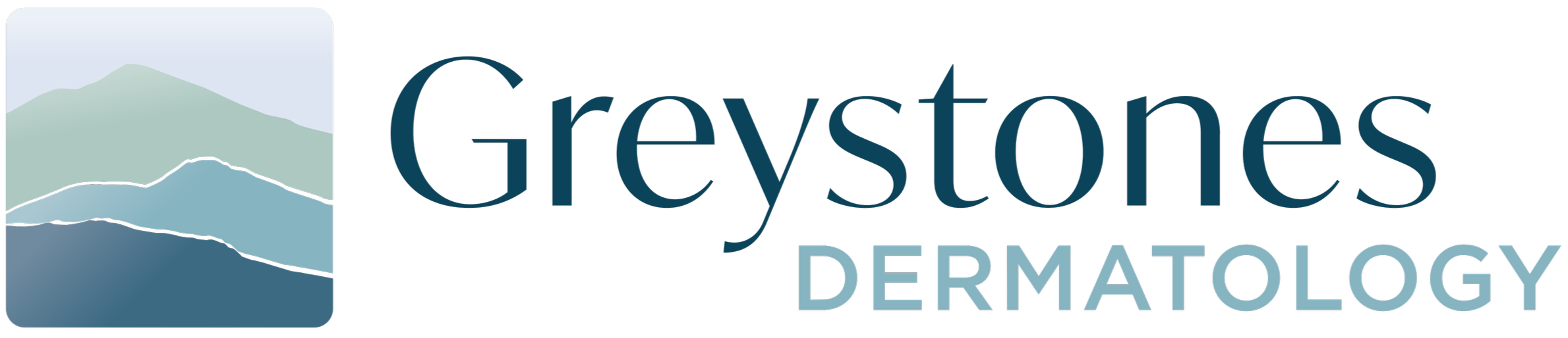 Logo for Greystones Dermatology with a stylized mountain range icon and text.
