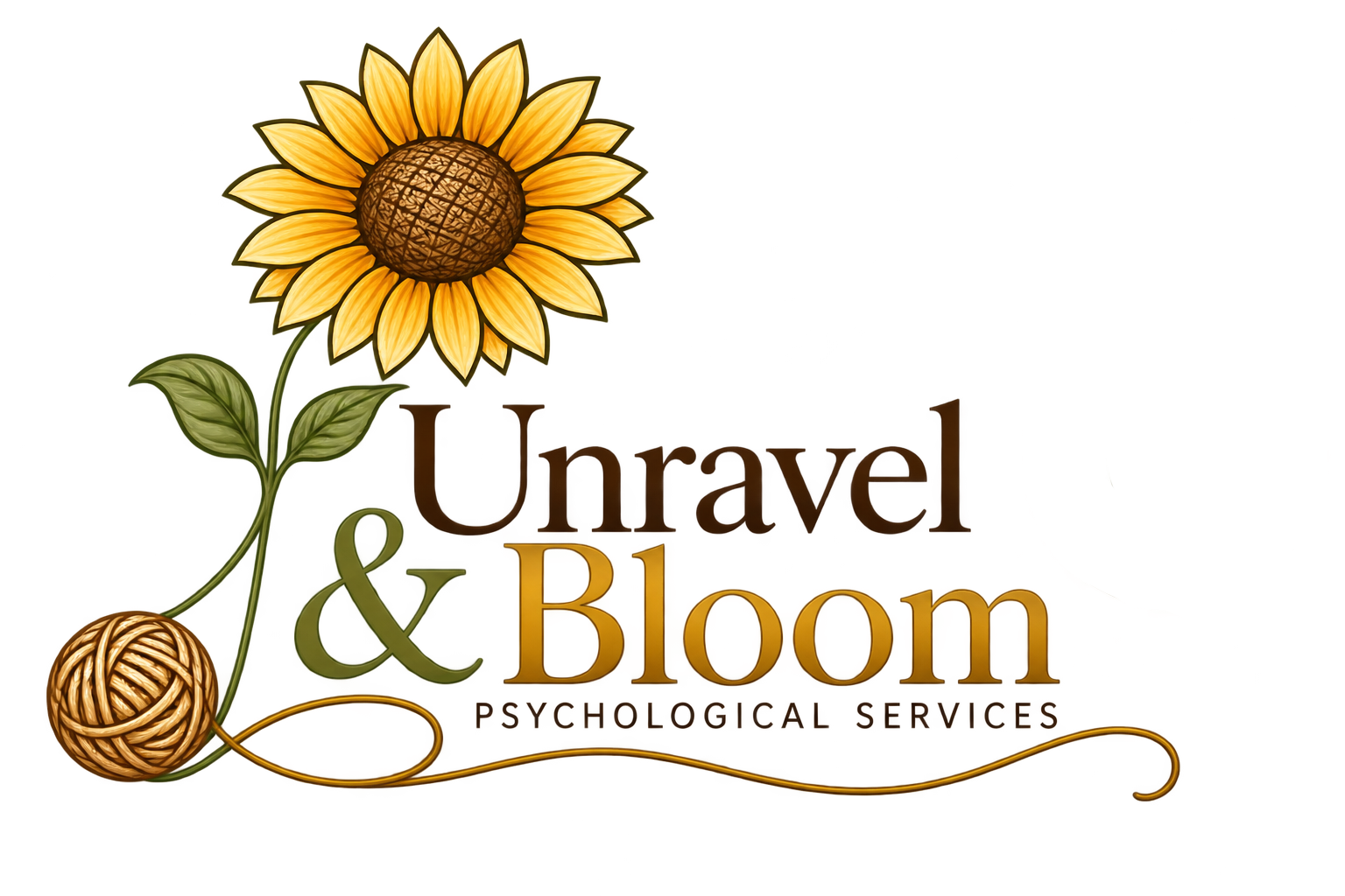 Logo for Unravel & Bloom Psychological Services featuring a sunflower and ball of yarn.