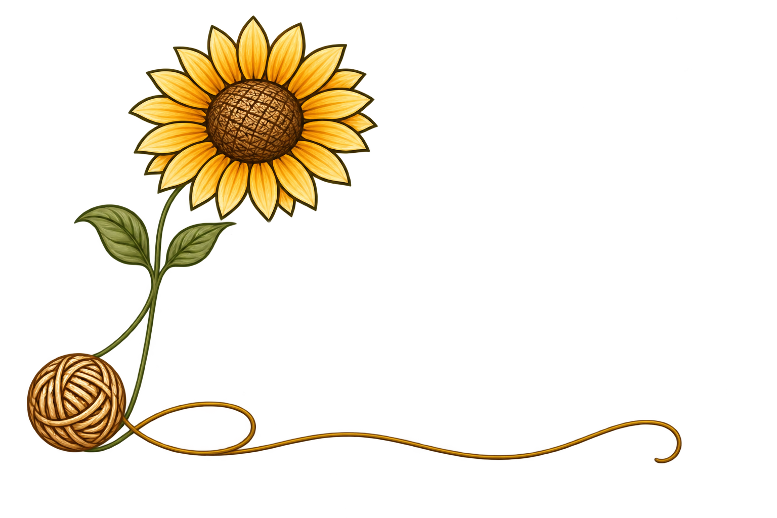 Decorative illustration of a sunflower connected to a ball of yarn with a string.
