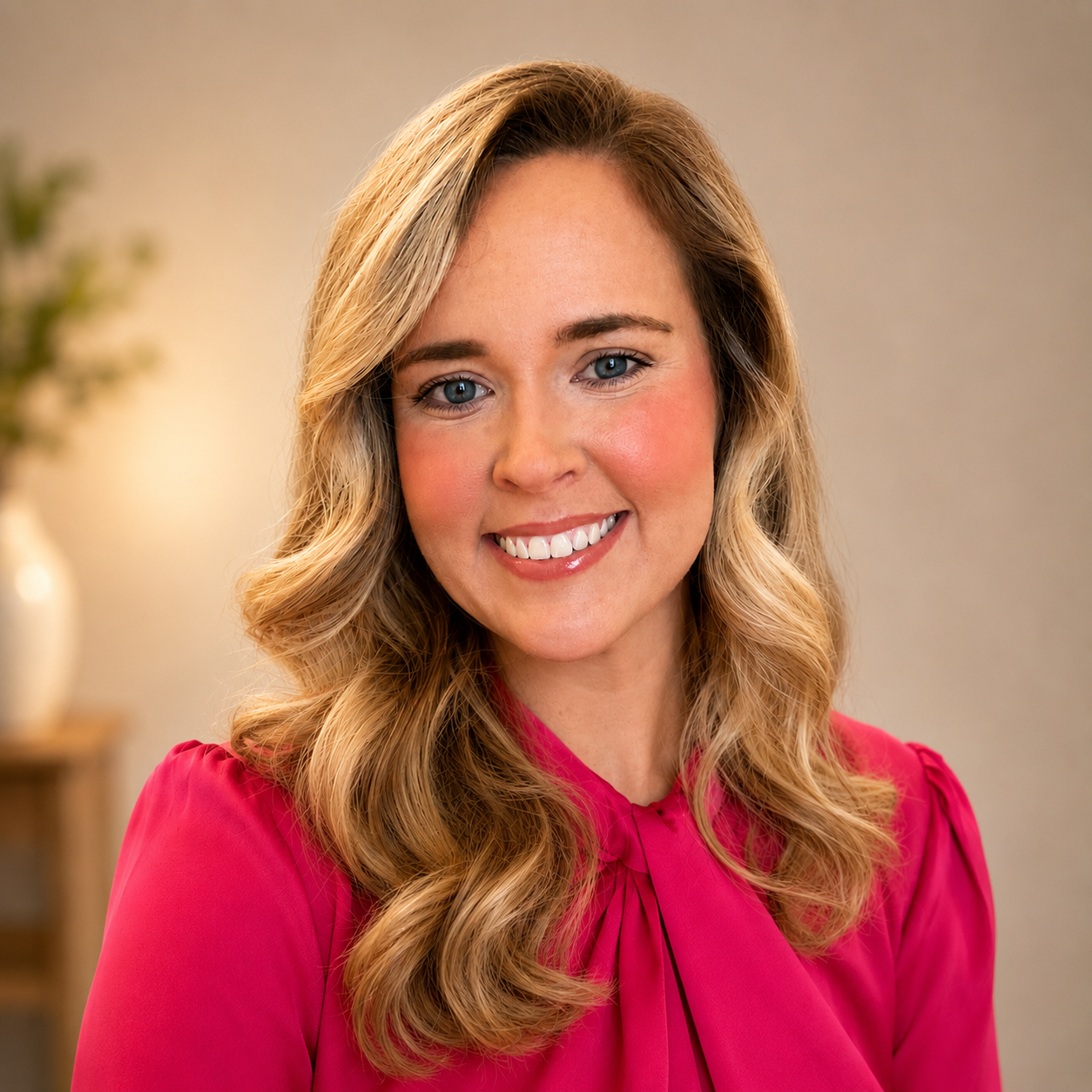 A woman with long, wavy blonde hair, blue eyes, and a bright smile, wearing a pink blouse, in a warmly lit room.