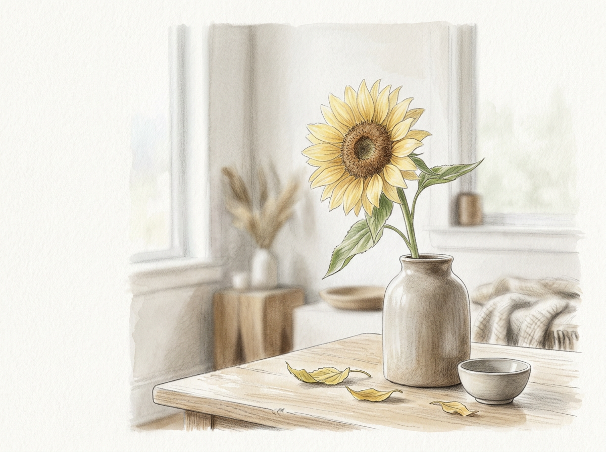 A watercolor painting of a sunflower in a beige vase on a wooden table, with a small bowl and dried leaves, in a bright room with a window and a blurred background showing a vase with dried plants and a blanket.