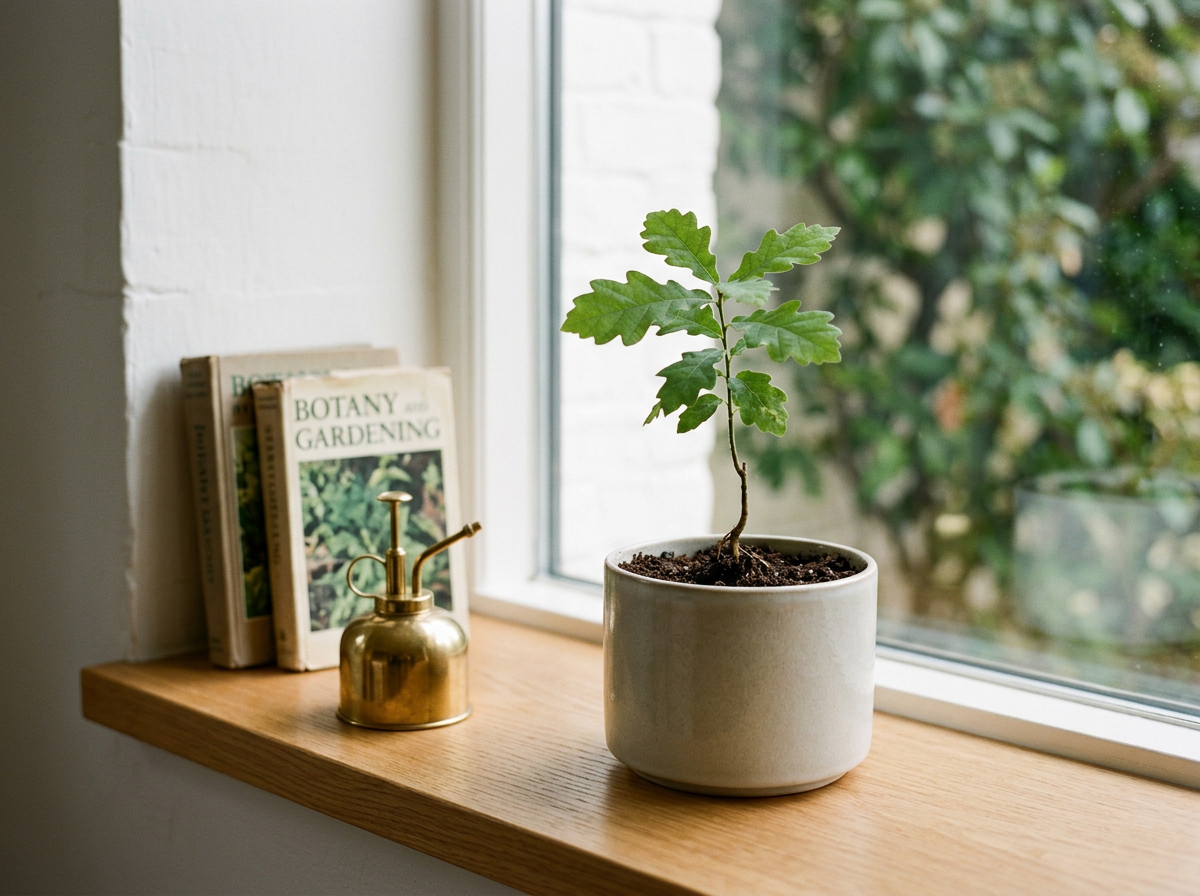 A potted young tree or shrub on a wooden windowsill next to a small brass watering can and a stack of books titled 'BOTANY and GARDENING' with greenery visible outside the window.