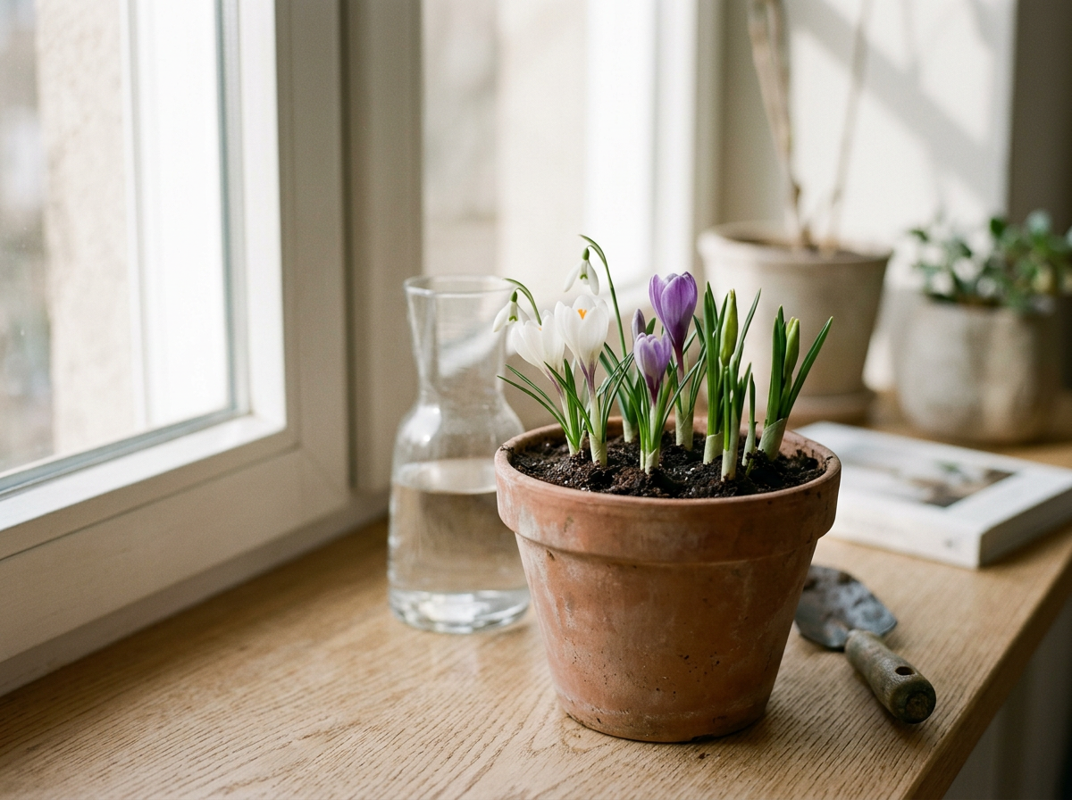 A terracotta pot with blooming white and purple crocus flowers on a wooden windowsill, next to a glass pitcher of water and gardening tools.