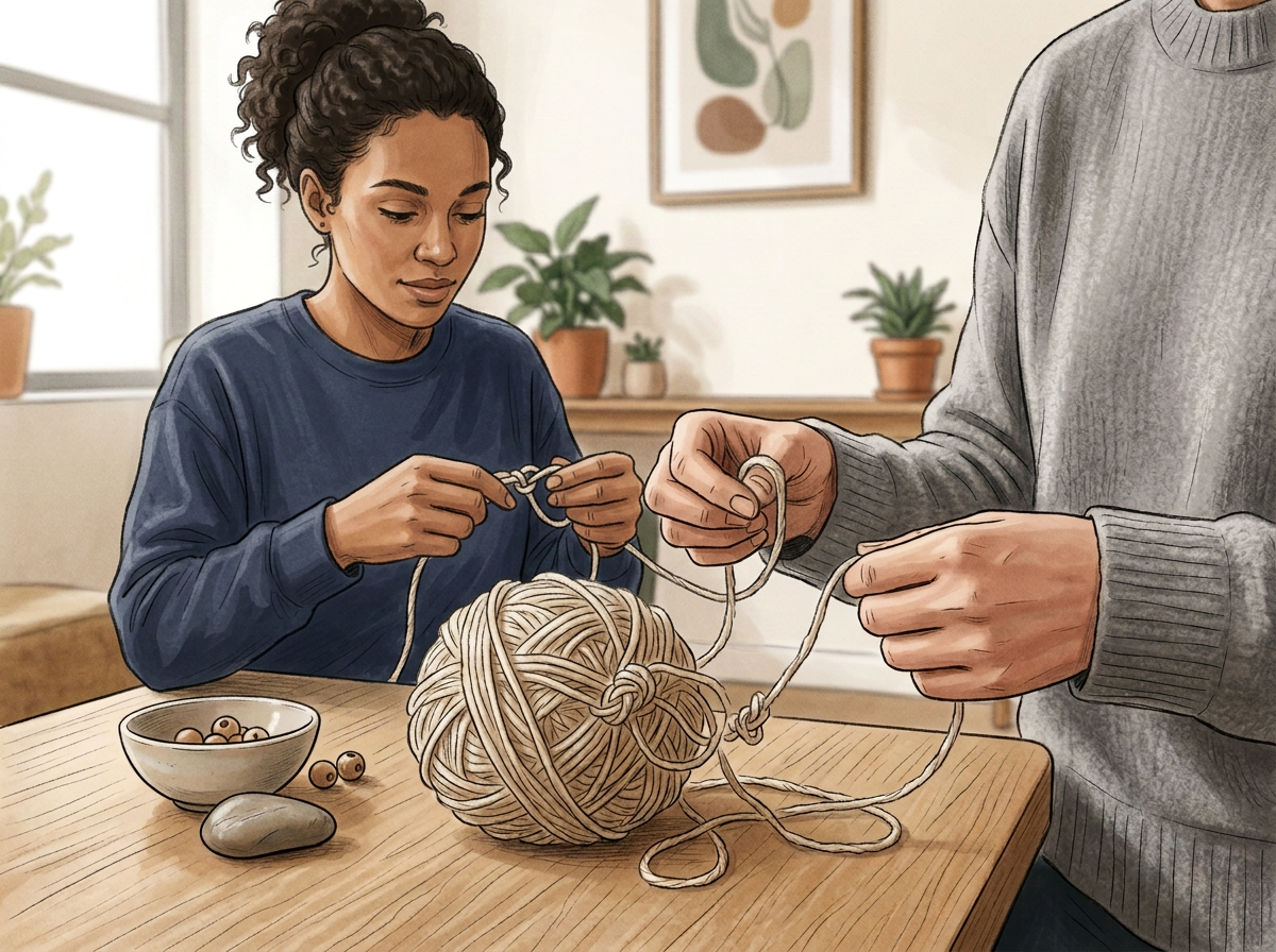 Two people knotting or unraveling a large ball of beige yarn at a wooden table, with a bowl of small round beads and a stone nearby, in a well-lit room decorated with plants and artwork.