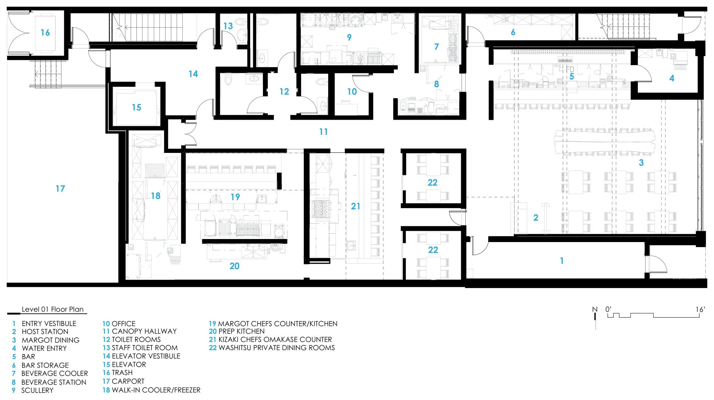Level 01 floor plan — reception, den bar, and the corridor to the omakase counter.