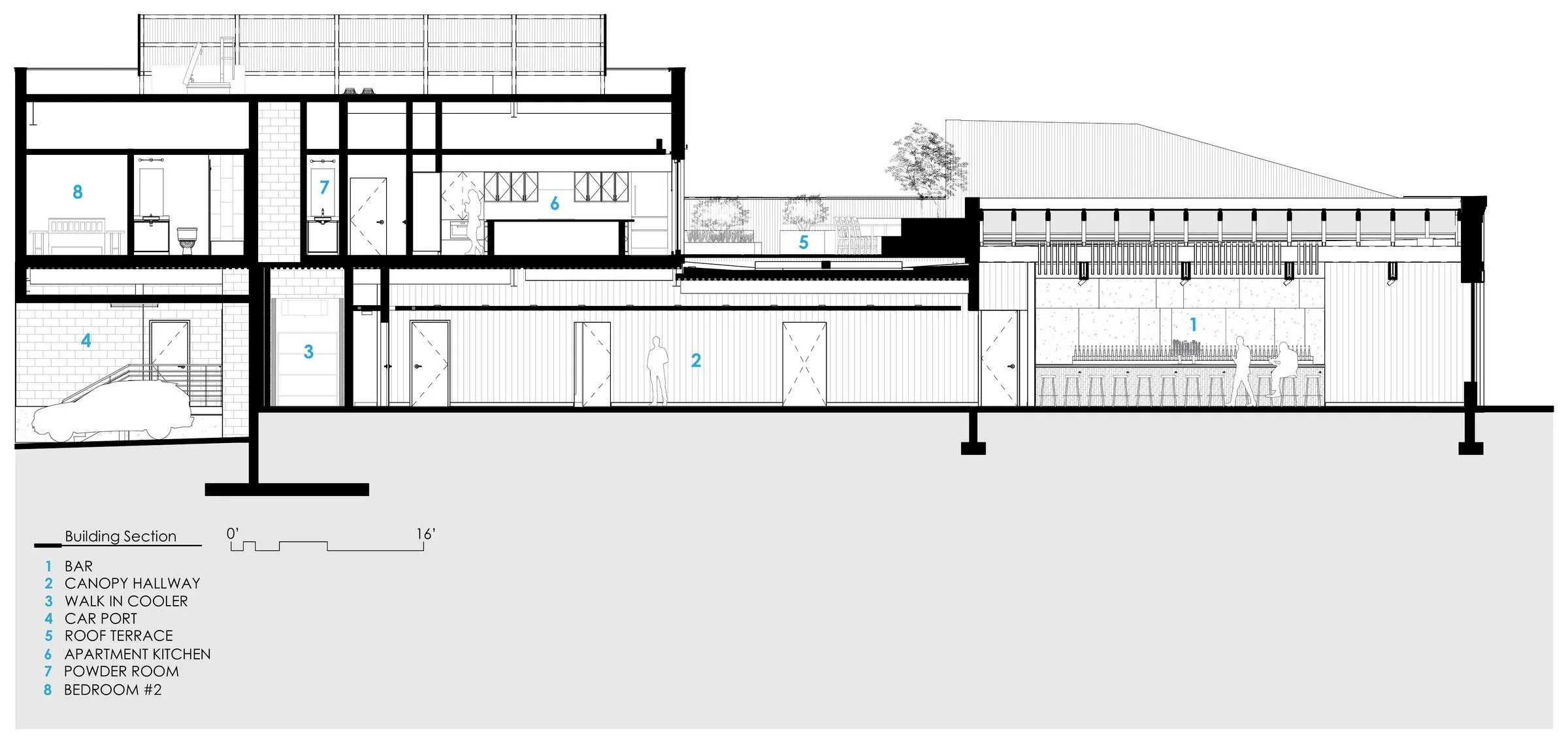 Building section — the wooden interior held inside the masonry shell.