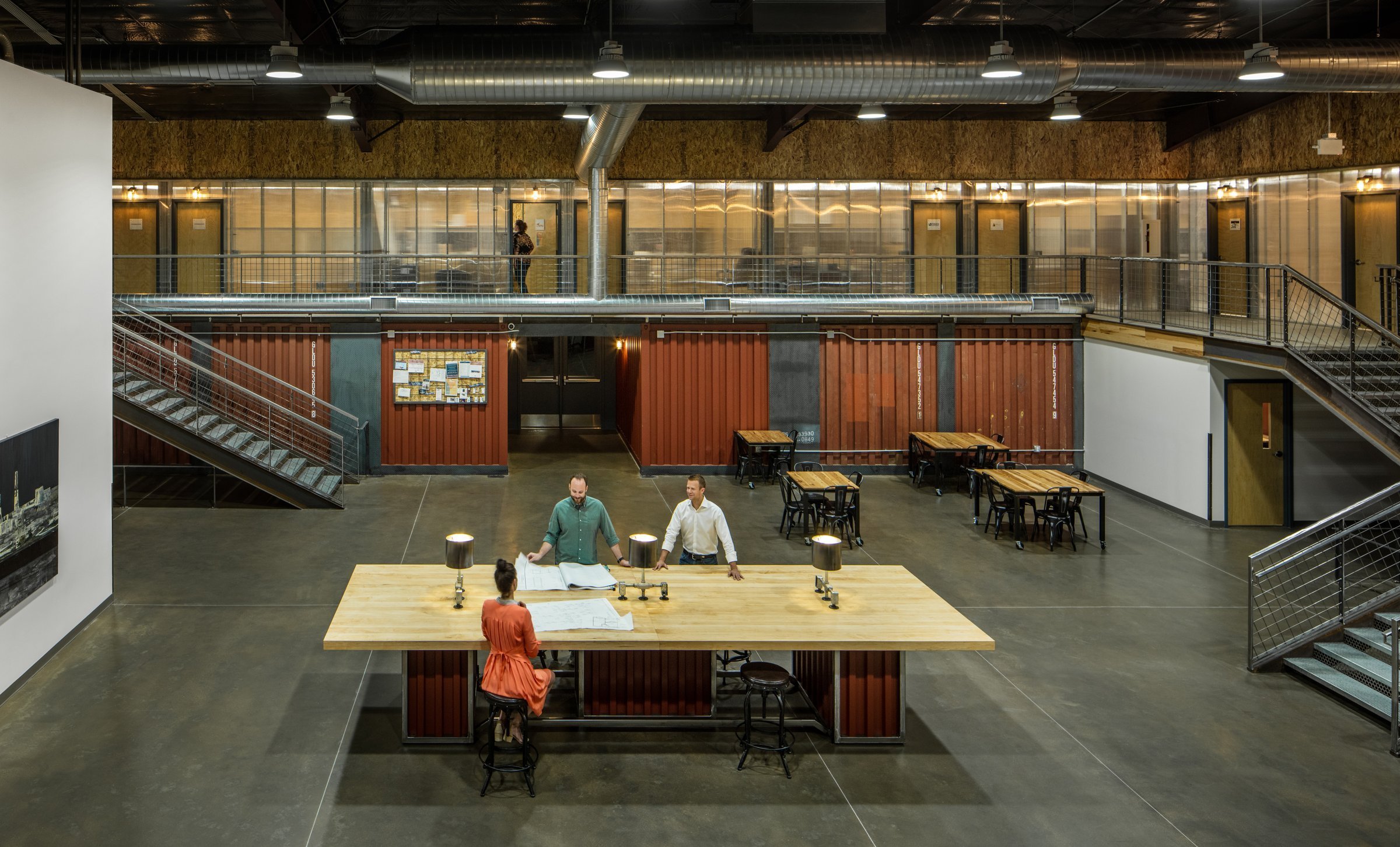 Polycarbonate paneling lets daylight filter through the offices to the heart of the building.
