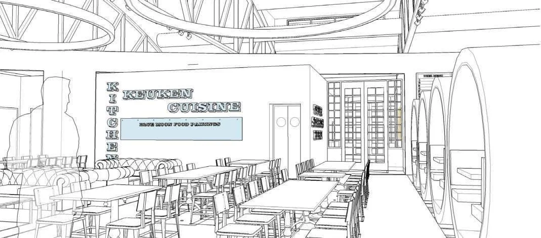 Concept perspective — trilingual signage ties the room to Blue Moon's Belgian roots.