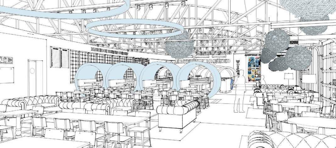 Concept perspective — booths and seating zones.