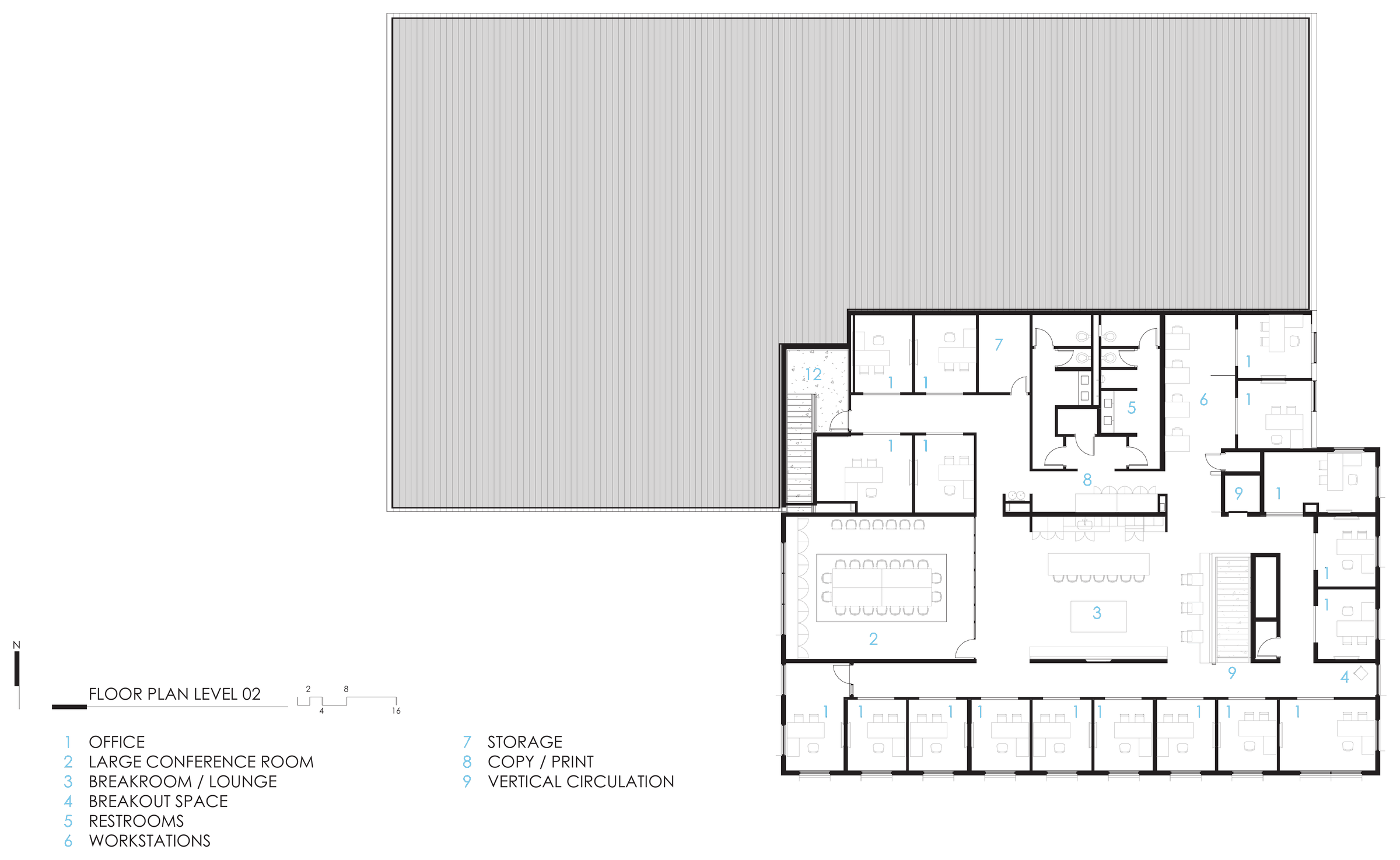 Level 02 — open workstations and shared spaces above.