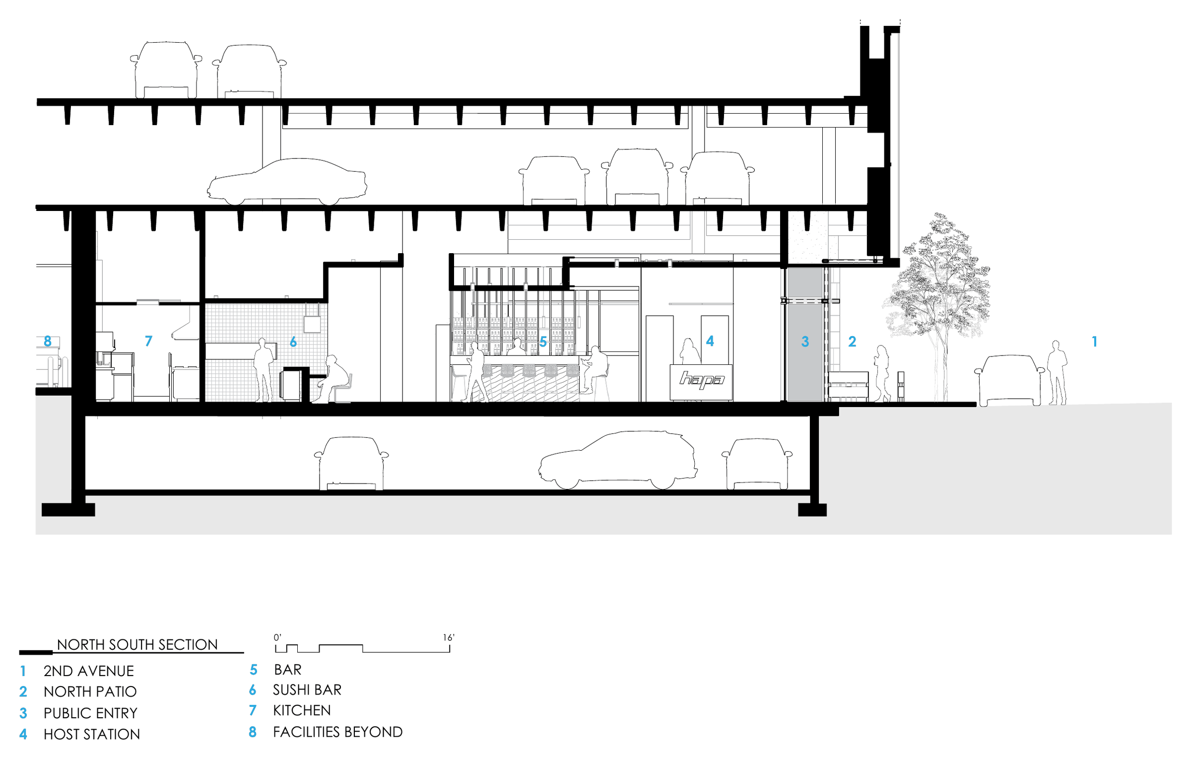 North-south section — the restaurant occupies the ground level of a four-story mixed-use building.