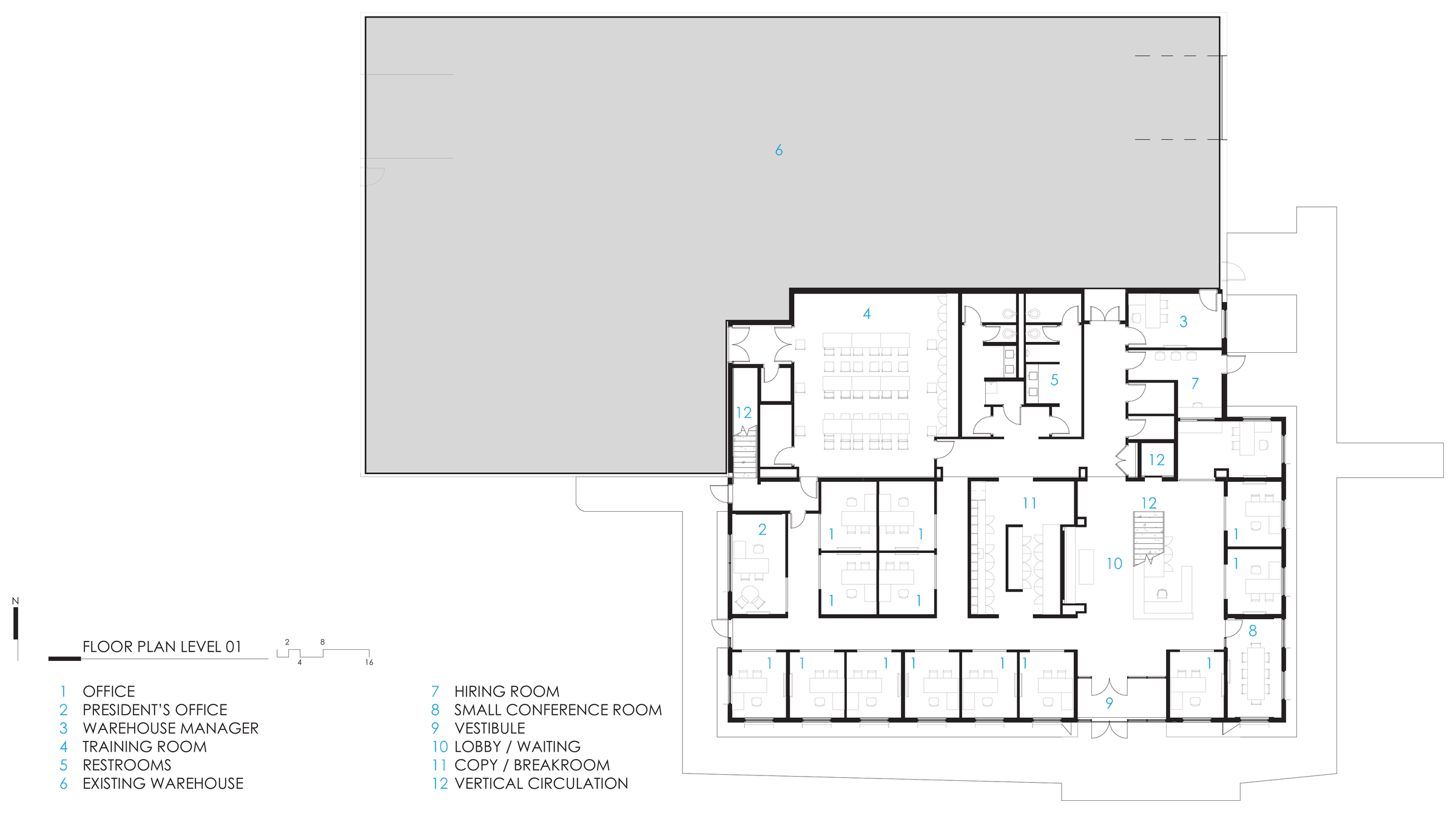 Level 01 — public intake and training alongside the retained warehouse.
