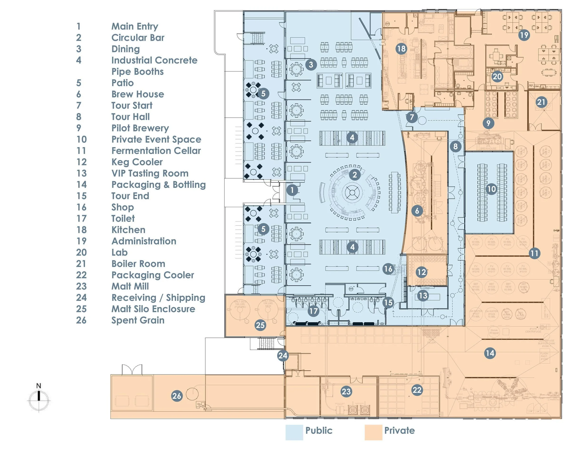 Level one floor plan — public and private zones, divided by the arc of the brew house.