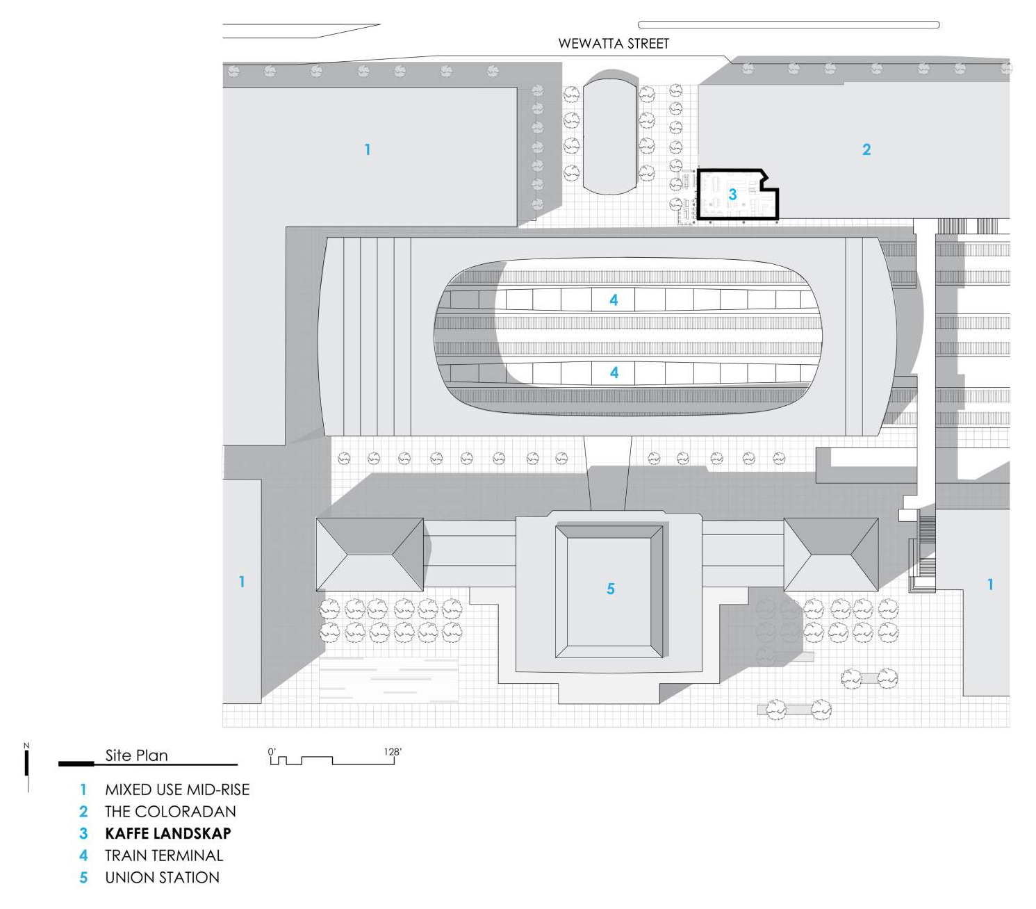 Site plan — sited at the southwest corner of the Coloradan, opposite Union Station.