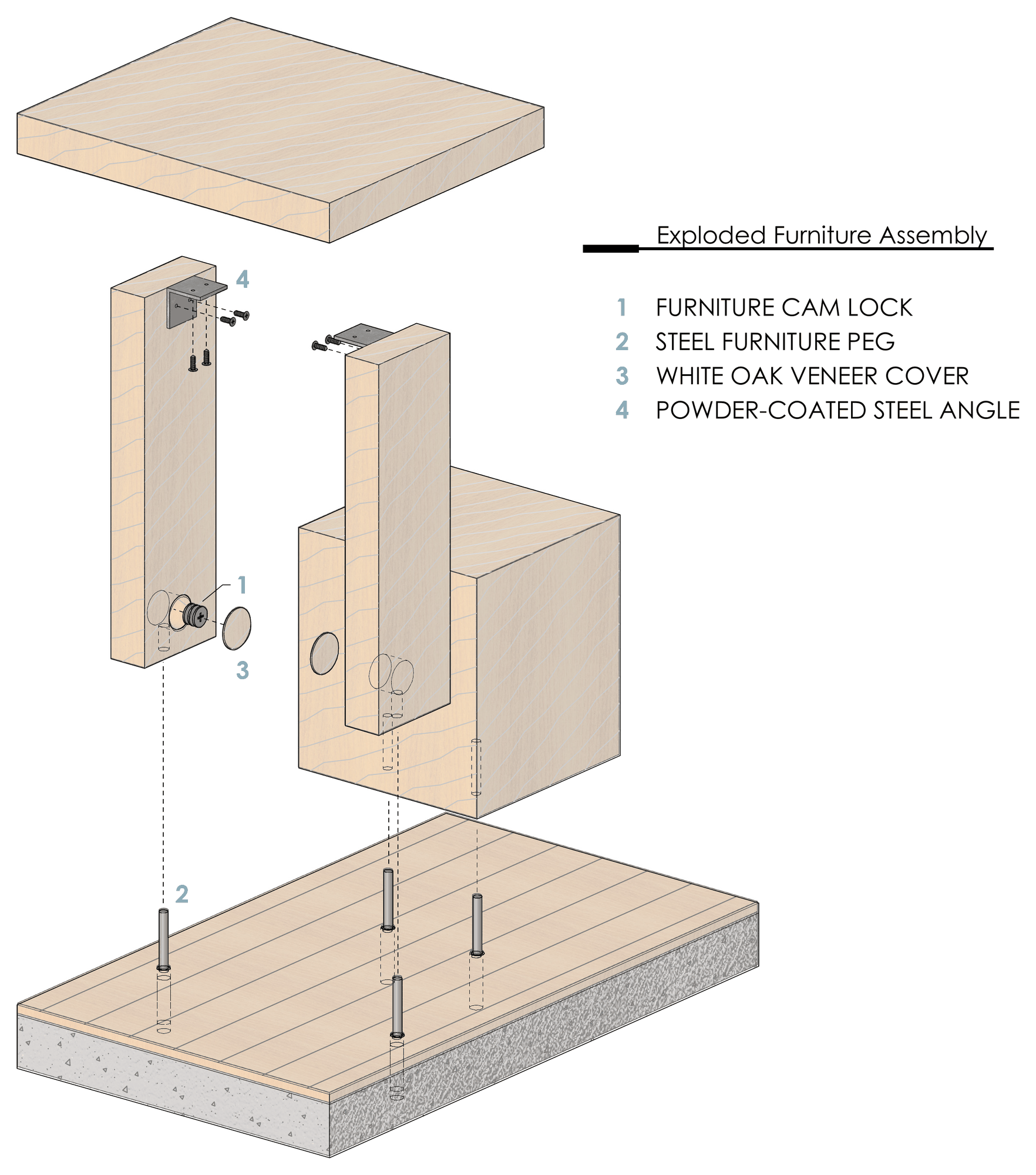 Exploded assembly — custom furniture was detailed for concealed assembly and floor anchorage.