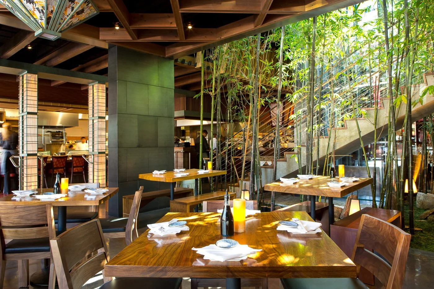 Ground-floor dining beside the bamboo garden, wood and green walls in daylight.