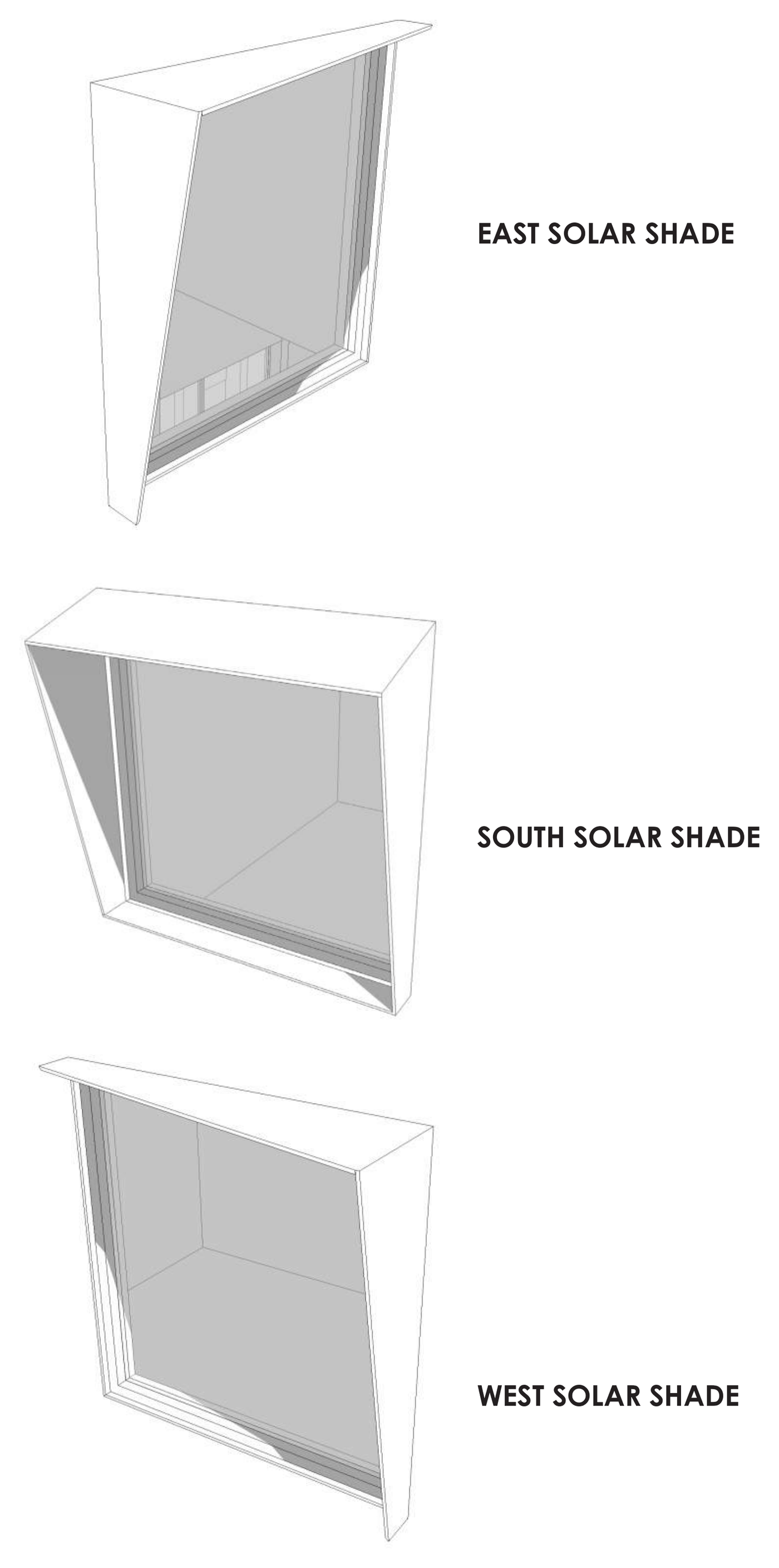Solar shade studies — each shade is shaped for the sun angles of its own facade.