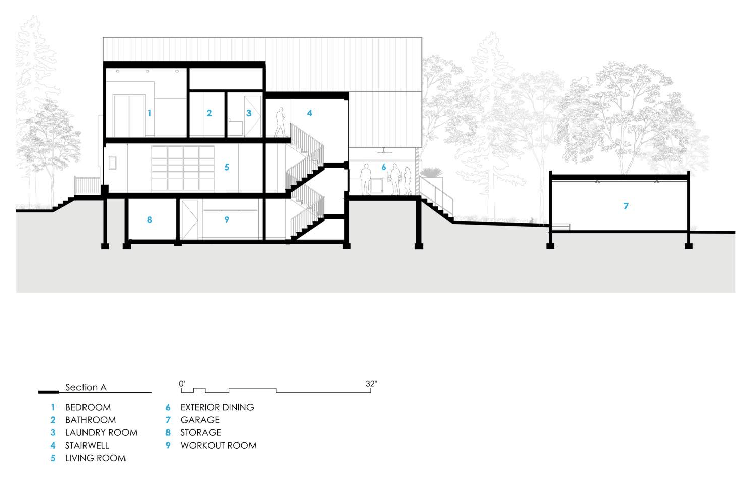 Section A — three levels organized around the new stair tower.