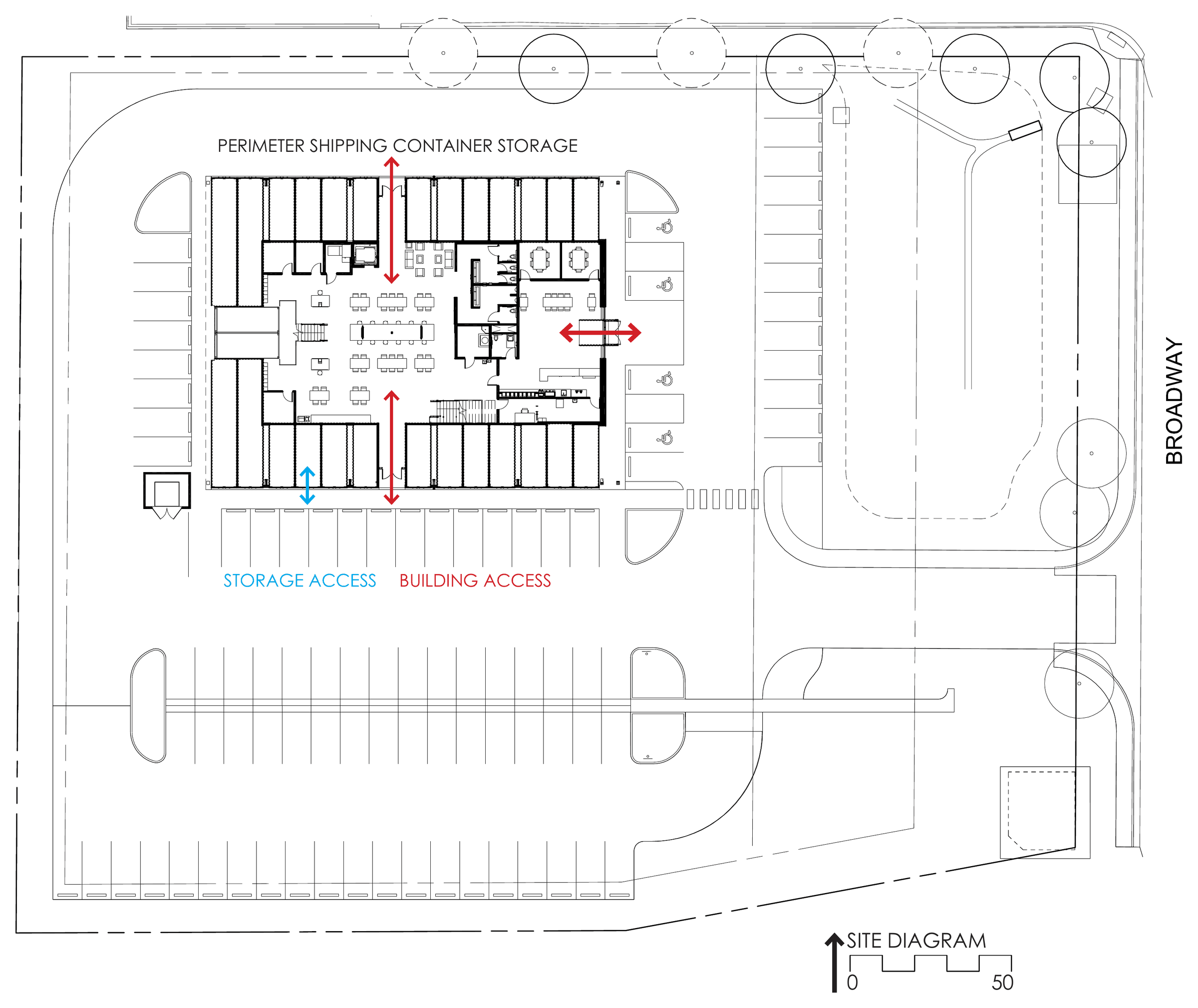 Site plan — container storage units are positioned to interact with parking for seamless loading.