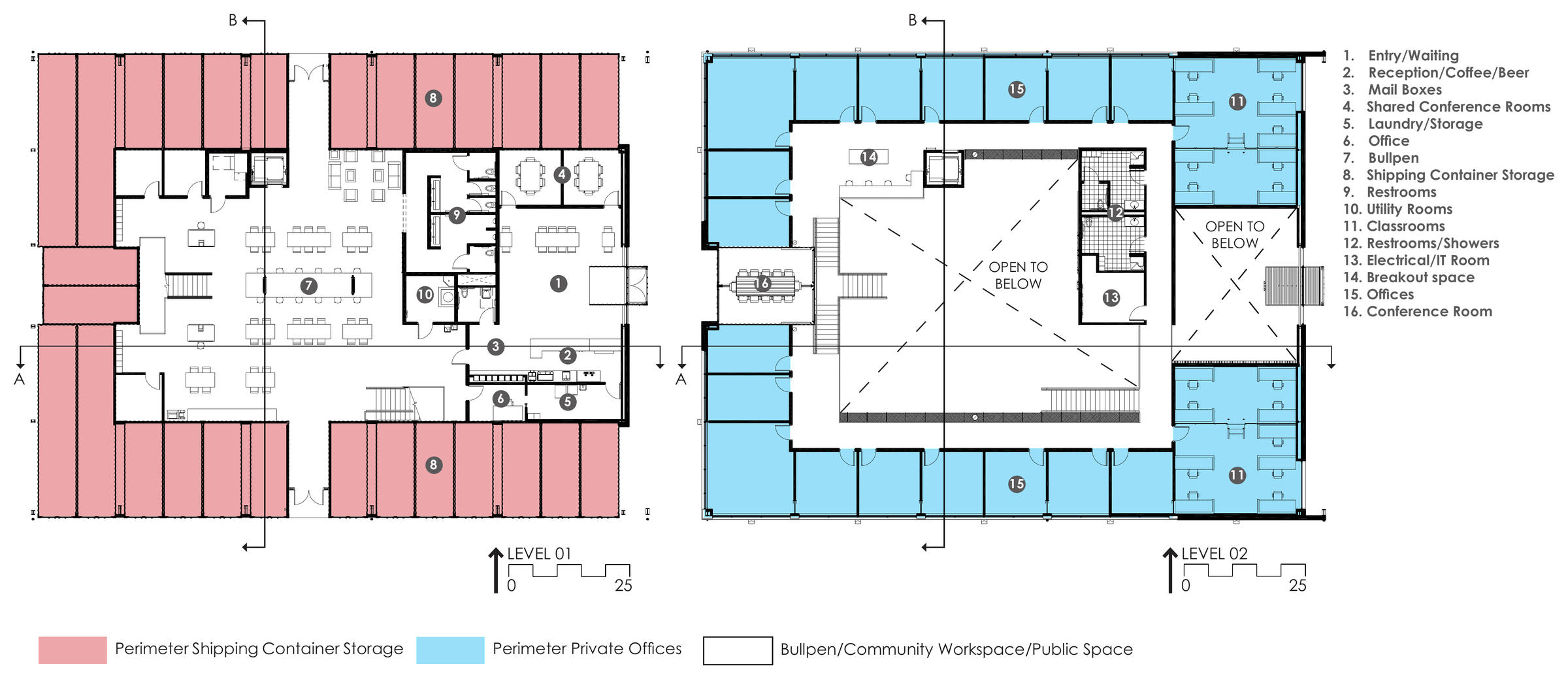 Floor plans — building dimensions were derived from the standard measurements of the shipping containers.