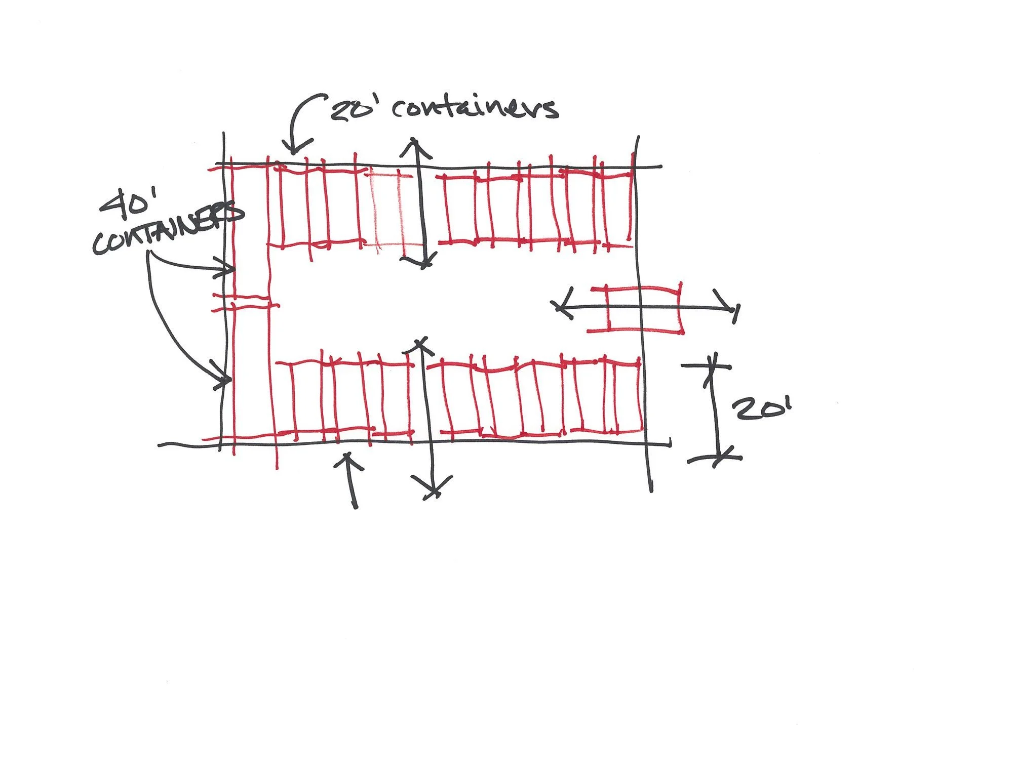 The parti — 40' and 20' containers establishing the plan's structure and module.