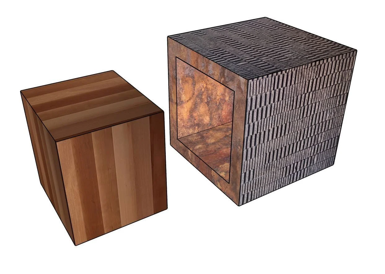 The box-within-a-box concept — a rugged stone shell around a warm wooden interior.