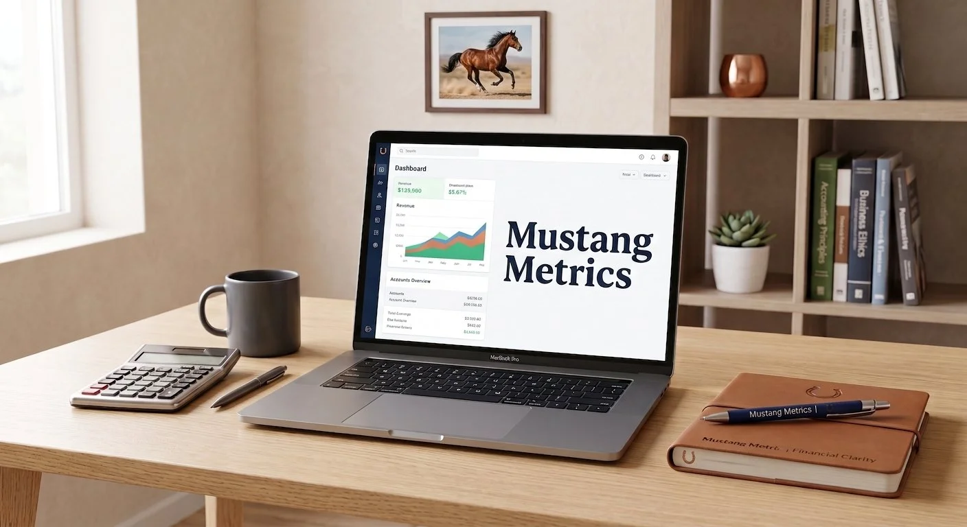 A modern workspace with a MacBook Pro displaying the text 'Mustang Metrics' on the screen, a calculator, a pen, a gray coffee mug, and a closed leather-bound notebook with a blue pen on top. In the background, there is a bookshelf with books and a small potted succulent, and a picture frame with a horse on the wall.