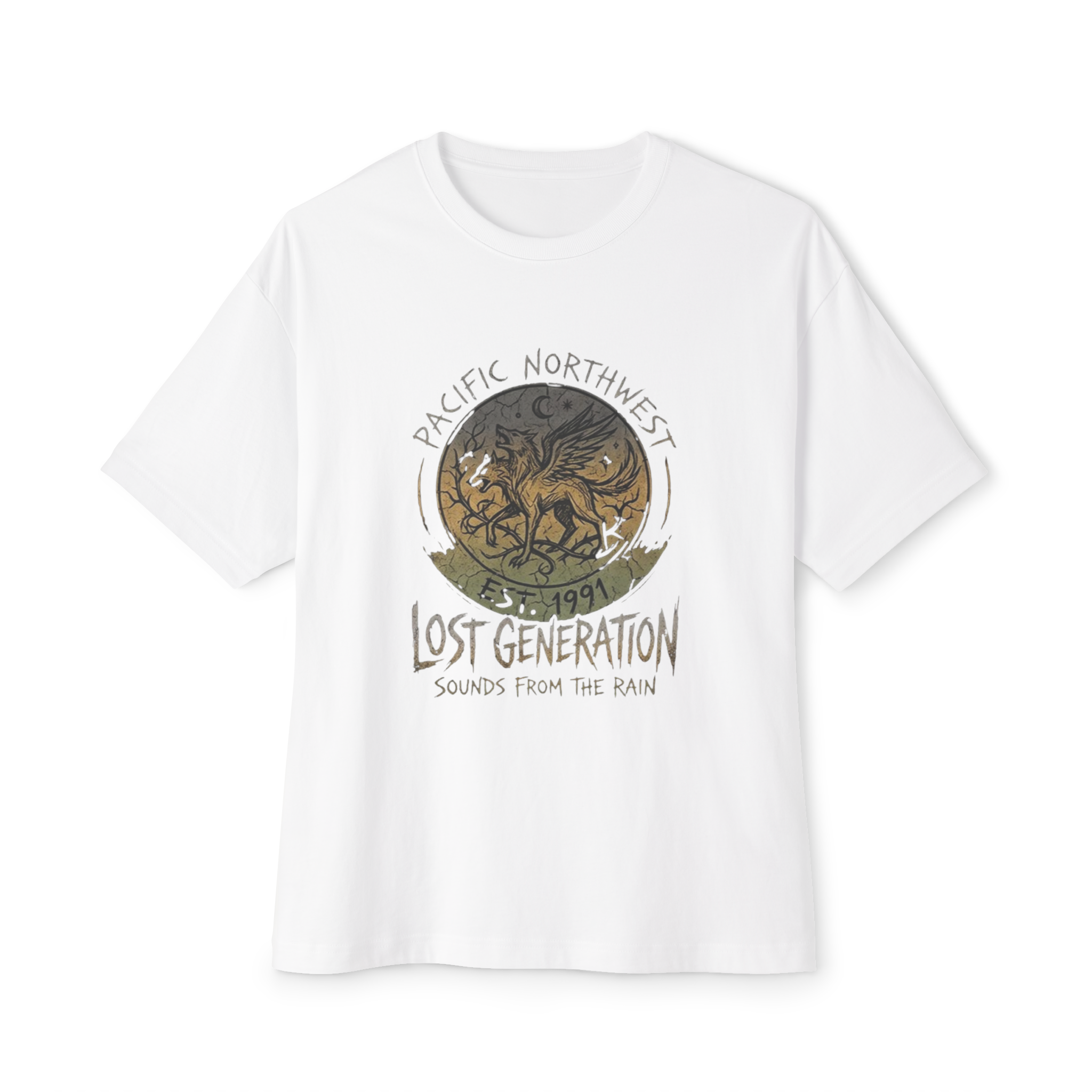 A white T-shirt with a graphic design featuring a dragon and text reading "Pacific Northwest" and "Lost Generation."