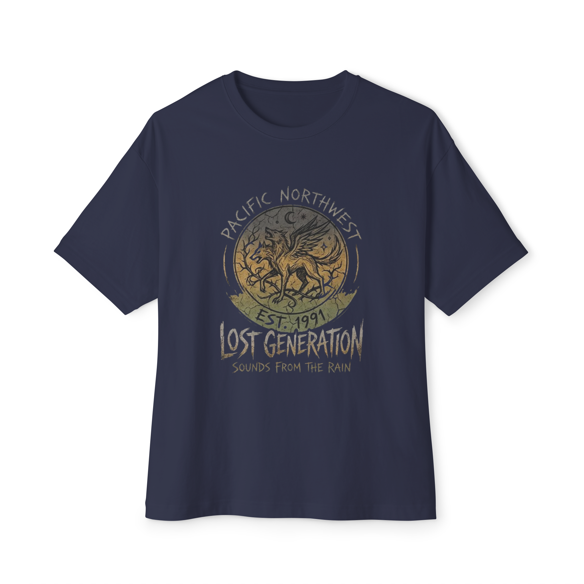 Blue T-shirt with a circular graphic design featuring a wolf and the words "Pacific Northwest" and "Lost Generation".